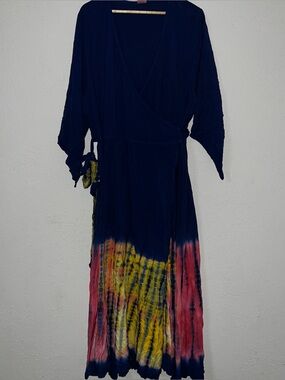 Fashion Terminal Plus Size Navy Blue Pink and Yellow Tie Dye Wrap Maxi Dress.